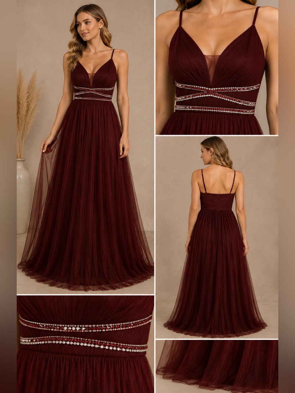Lovely Grace Burgundy Rhinestone Mesh Formal Gown XL 1XL Prom Bridesmaid Dress